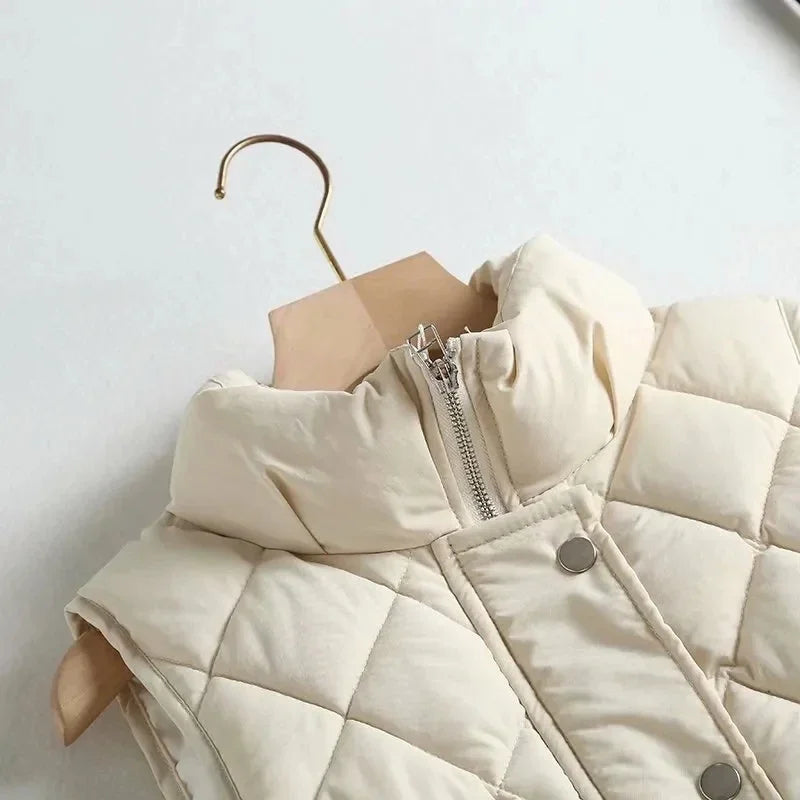 Women's Quilted Puffer Vest with Snap Button Front and Pockets