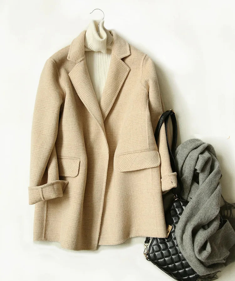 Women's Oversized Plaid Wool Blend Blazer Coat with Front Pockets