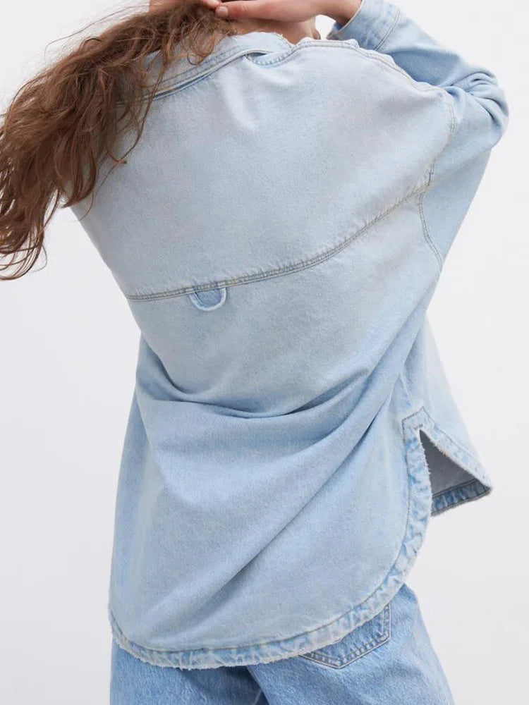 Women's Oversized Denim Shirt with Button Front and Chest Pockets