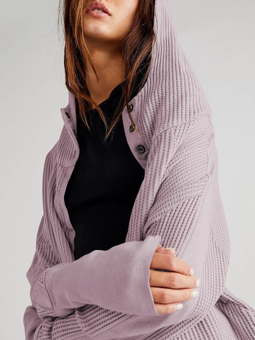 Women's Cropped Waffle Knit Hoodie with Full Zip and Button Collar