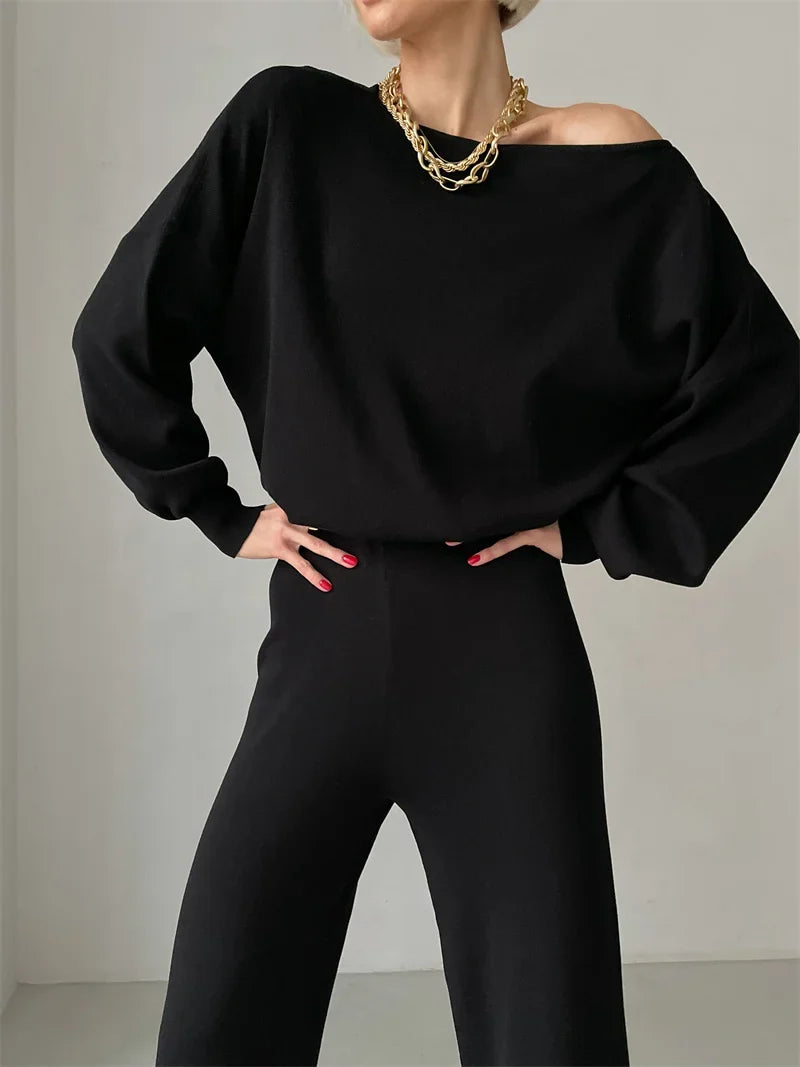 Women's Off Shoulder Knit Sweater and Pants Set with Wide Neck