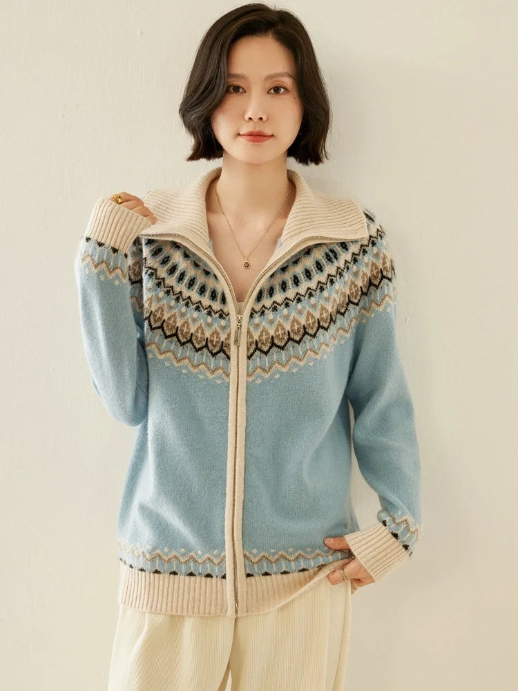 Women's Cashmere Zip Up Cardigan with Fair Isle Pattern and Ribbed Trim