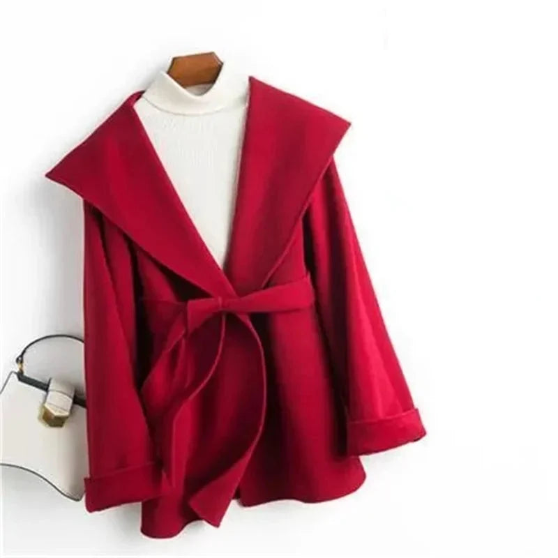 Women's Belted Hooded Wool Blend Coat with Patch Pockets