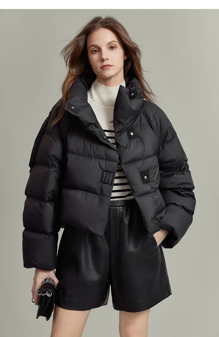 Women's Cropped Quilted Puffer Jacket with High Collar and Snap Buttons