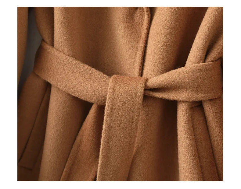 Women's Wool Blend Coat with Tie Belt and Notch Lapel