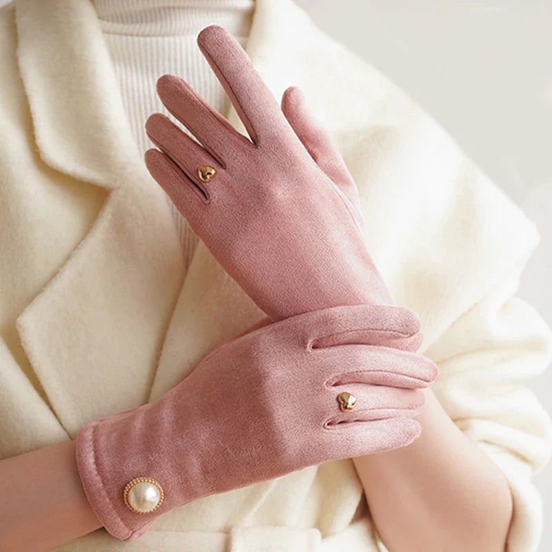 Women's Suede Touchscreen Gloves with Pearl Embellishment