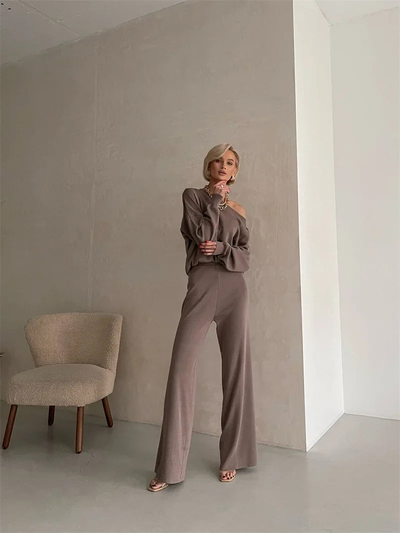 Women's Off Shoulder Knit Sweater and Pants Set with Wide Neck
