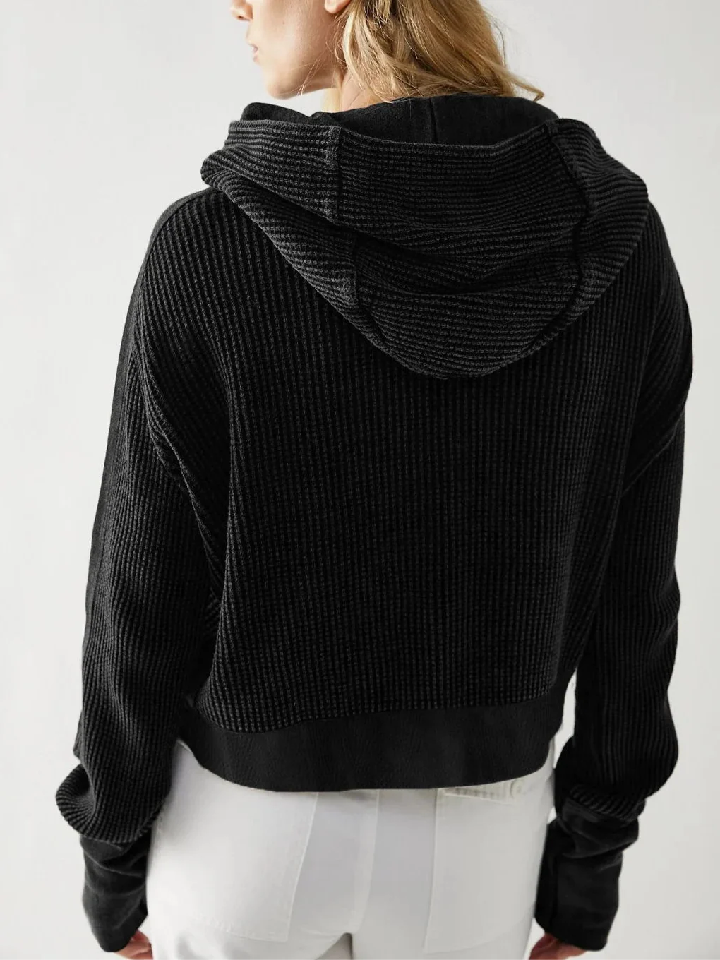 Women's Cropped Waffle Knit Hoodie with Full Zip and Button Collar