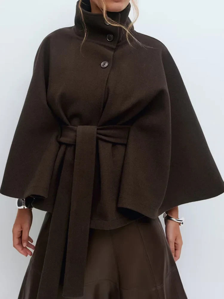 Women's Wool Blend Cape Coat with High Collar and Tie Belt