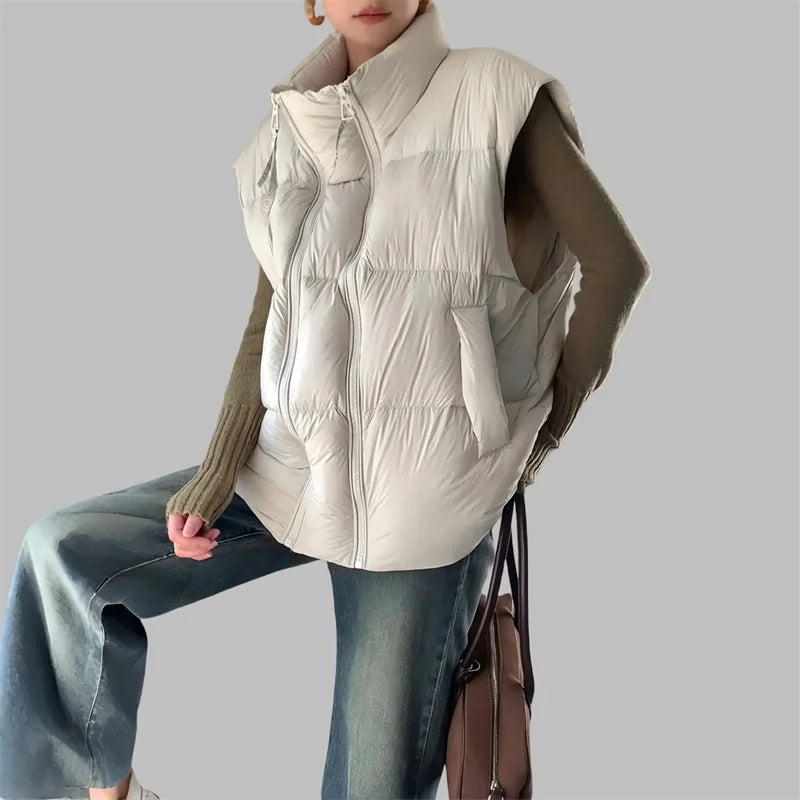 Women's Longline Quilted Puffer Vest with High Collar