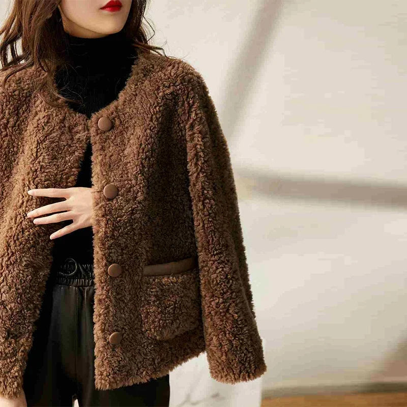 Women's Teddy Fleece Coat with Button Front and Front Pockets