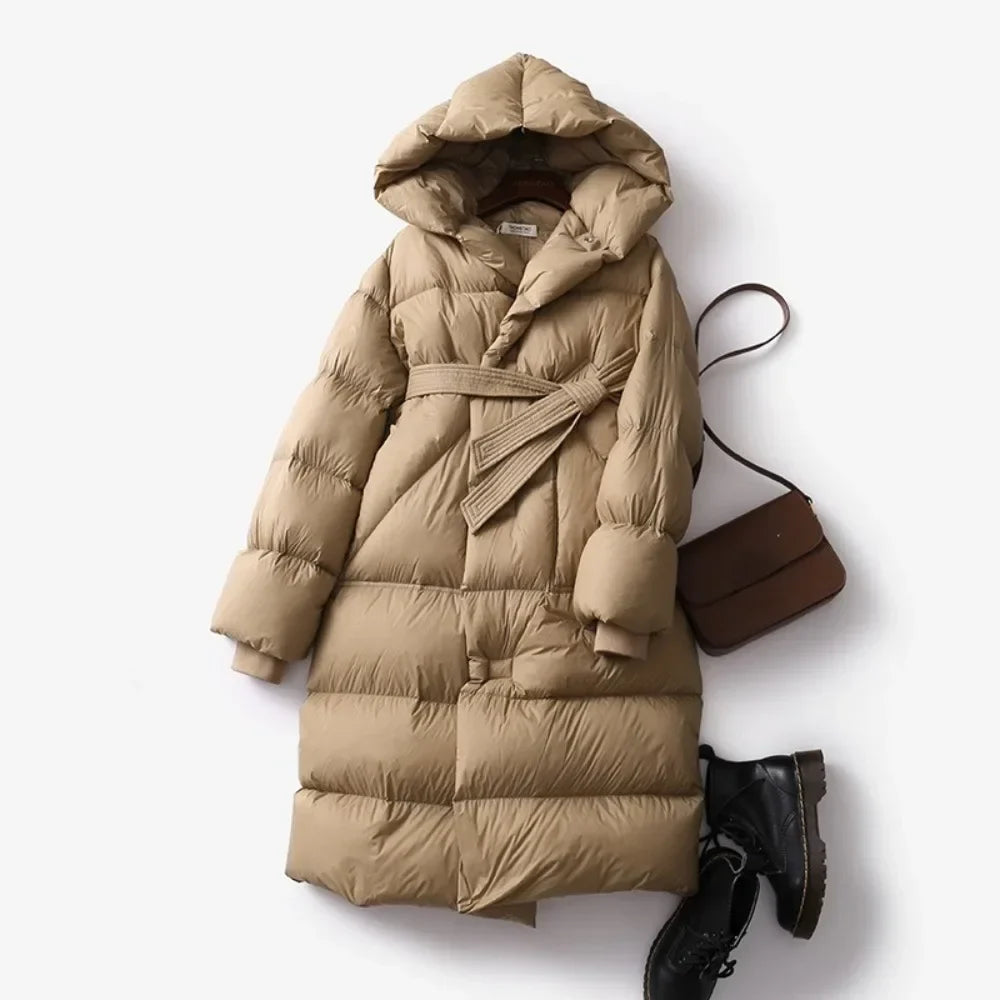 Women's Long Belted Down Puffer Coat with Hood and Zip Front