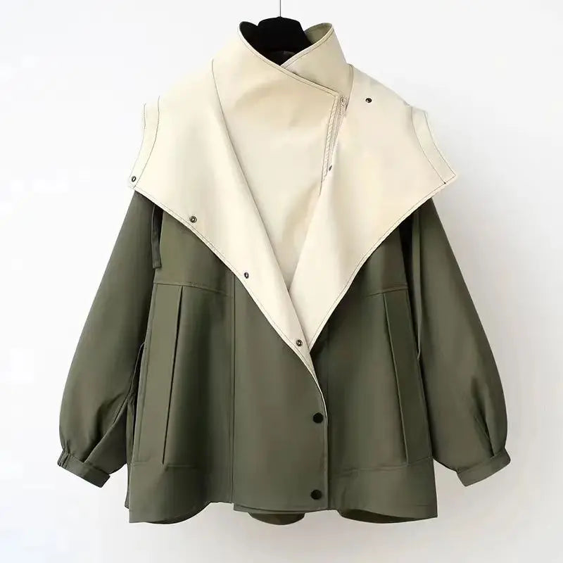 Women's Two Tone Windbreaker Jacket with Wide Lapels and Button Front