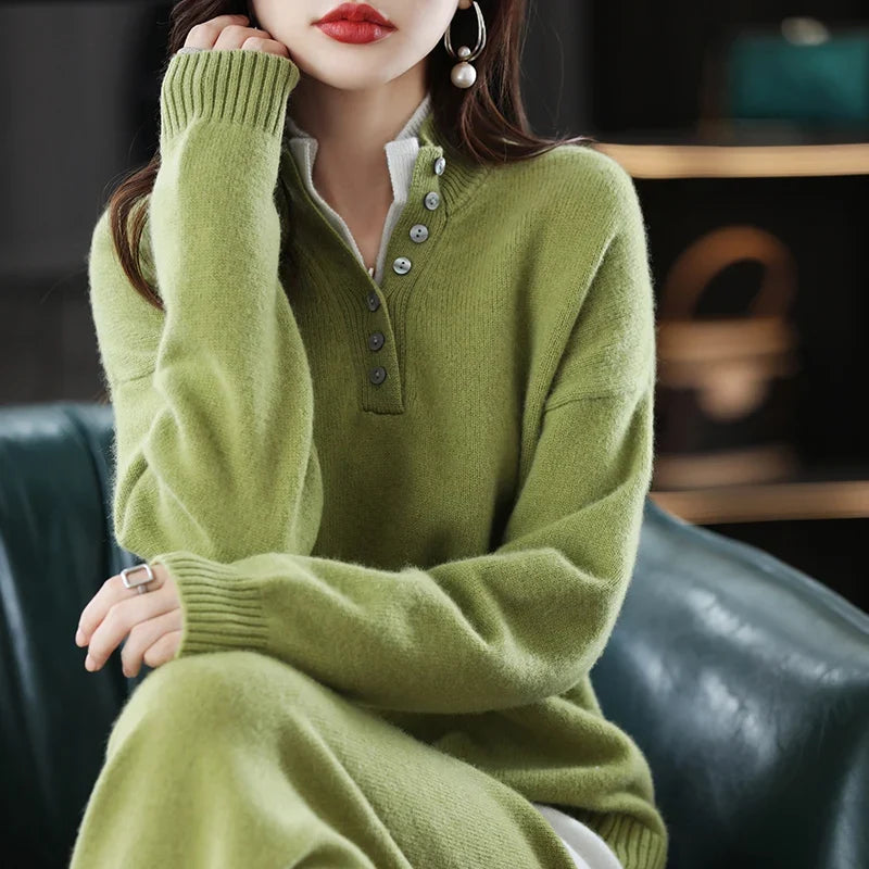 Women's Cashmere Polo Sweater and Pants Set with Button Neck