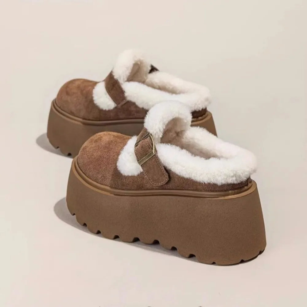 Women's Shearling Platform Clogs with Buckle Strap and Chunky Sole