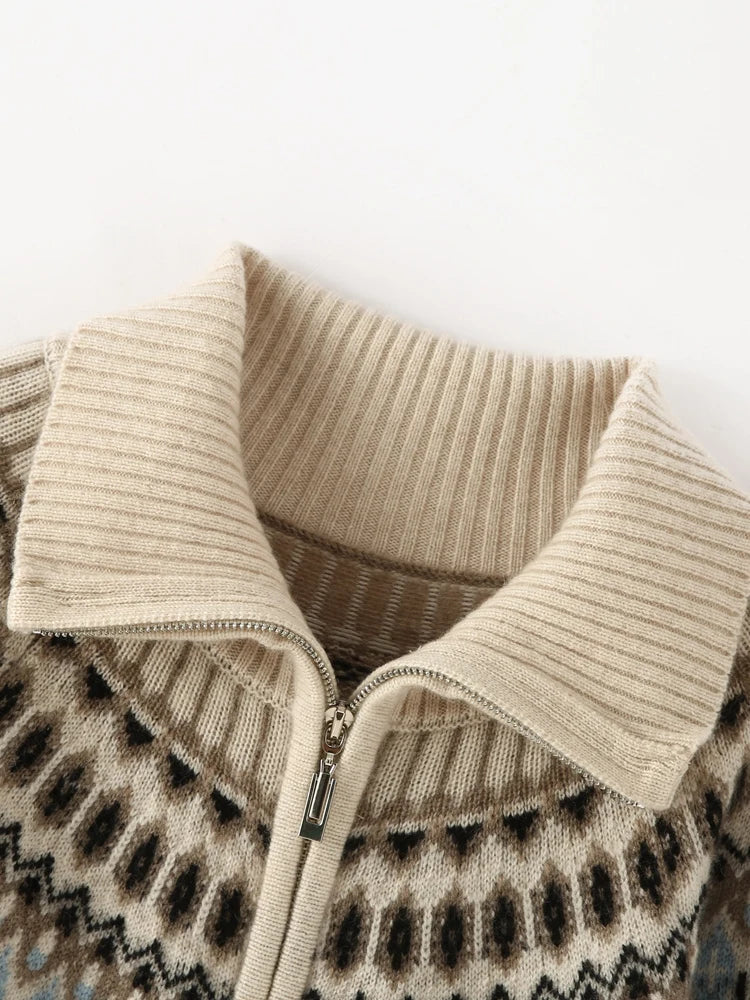 Women's Cashmere Zip Up Cardigan with Fair Isle Pattern and Ribbed Trim