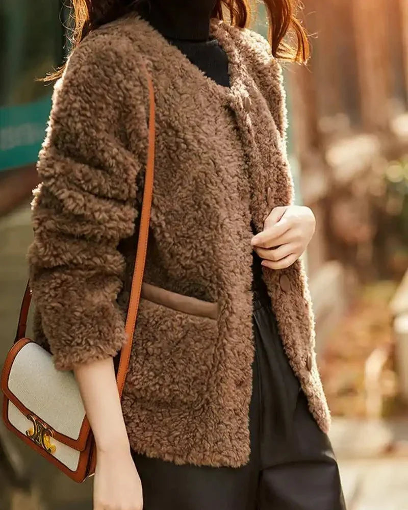 Women's Teddy Fleece Coat with Button Front and Front Pockets