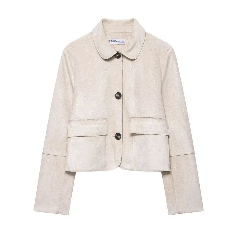 Women's Cropped Suede Jacket with Button Front and Chest Pockets