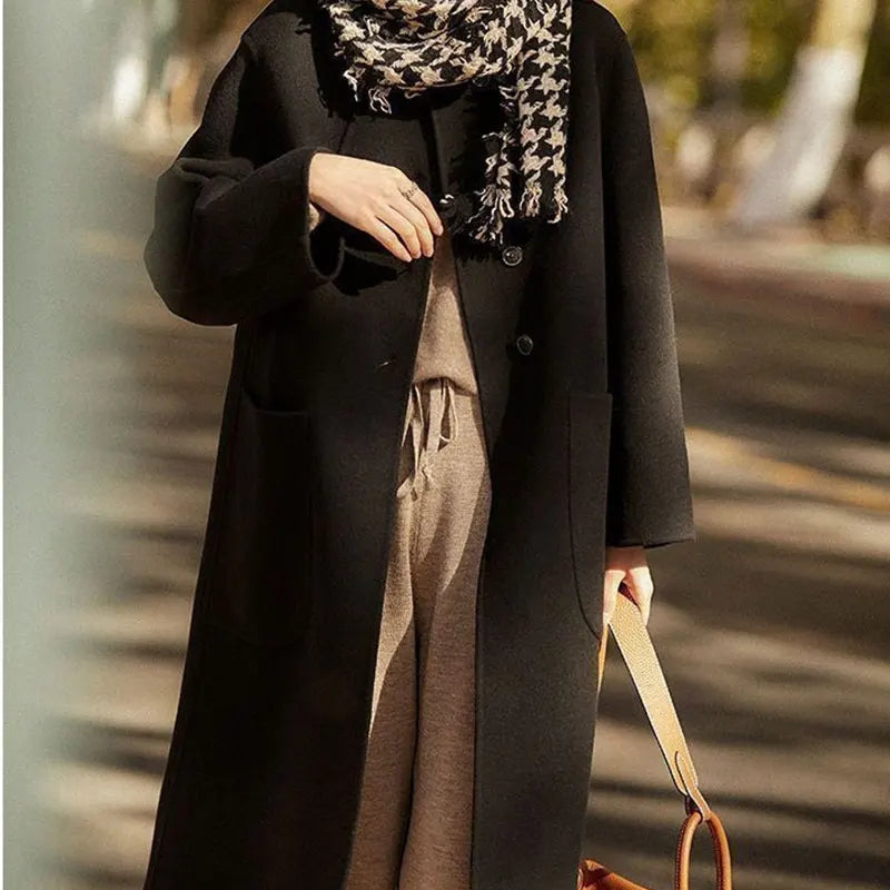 Women's Long Wool Blend Overcoat with Funnel Neck and Button Front