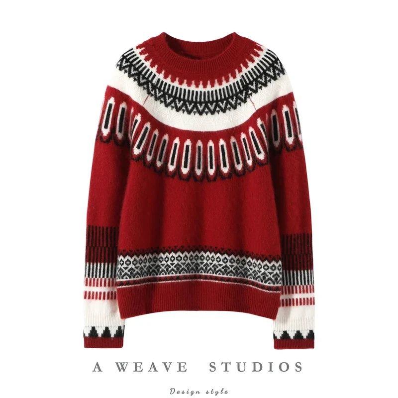 Women's Cashmere Fair Isle Sweater with Crew Neck and Long Sleeves