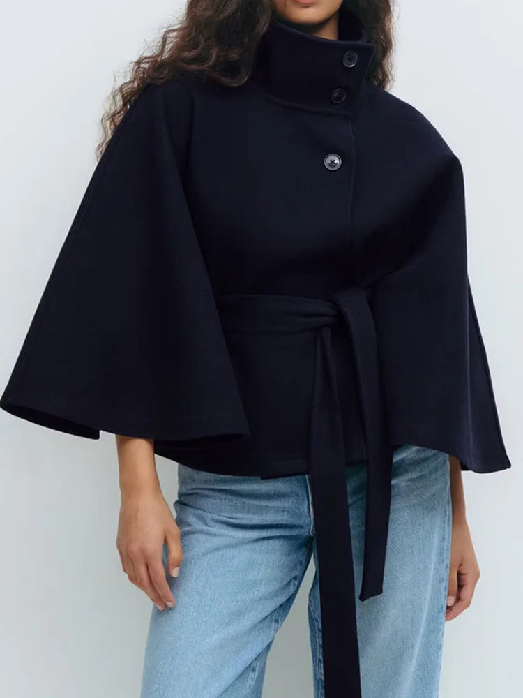 Women's Wool Blend Cape Coat with High Collar and Tie Belt