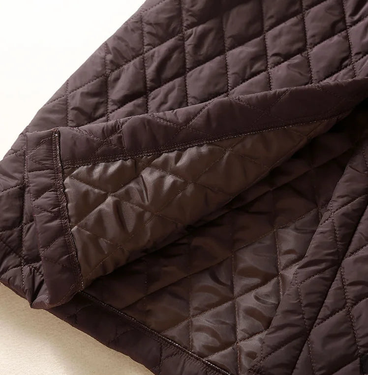 Women's Long Quilted Coat with Drawstring Waist and Button Front