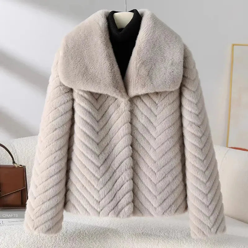 Women's Cropped Faux Fur Jacket with Chevron Quilted Pattern and Collar