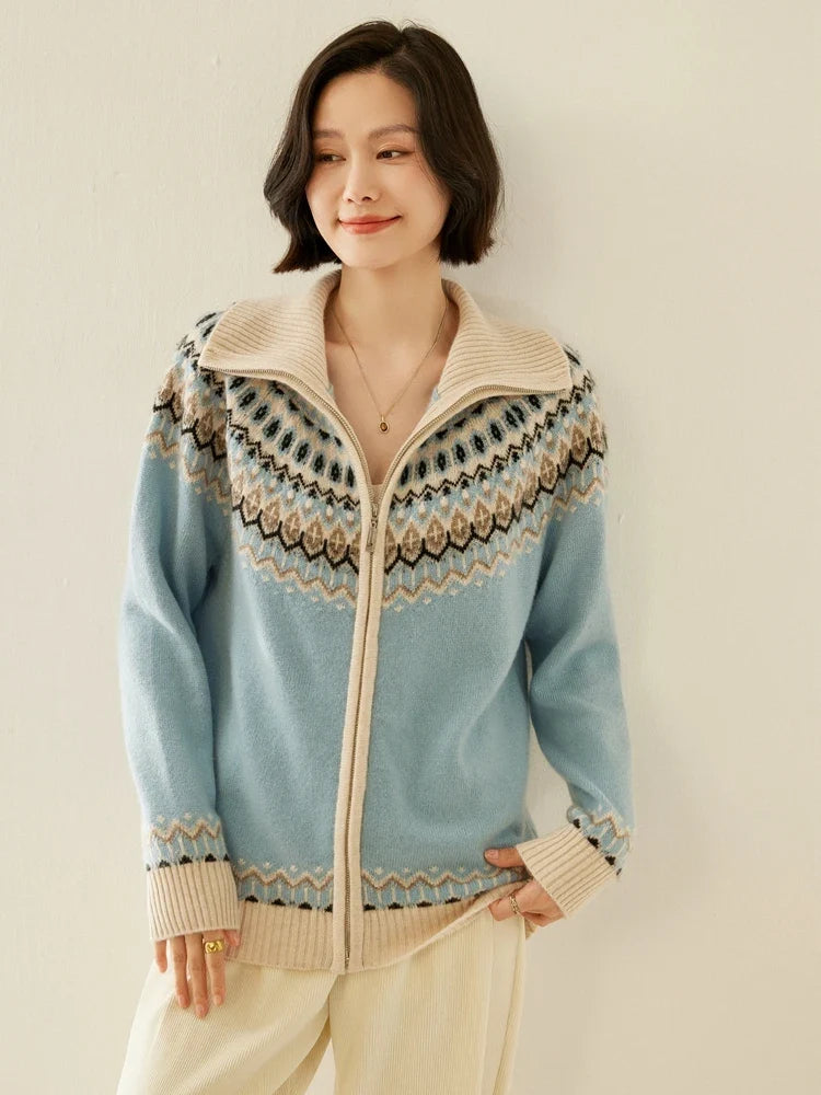 Women's Cashmere Zip Up Cardigan with Fair Isle Pattern and Ribbed Trim