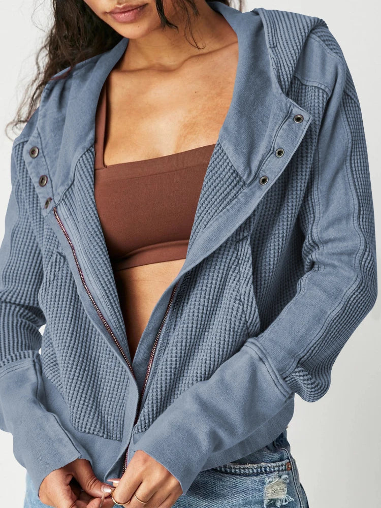 Women's Cropped Waffle Knit Hoodie with Full Zip and Button Collar