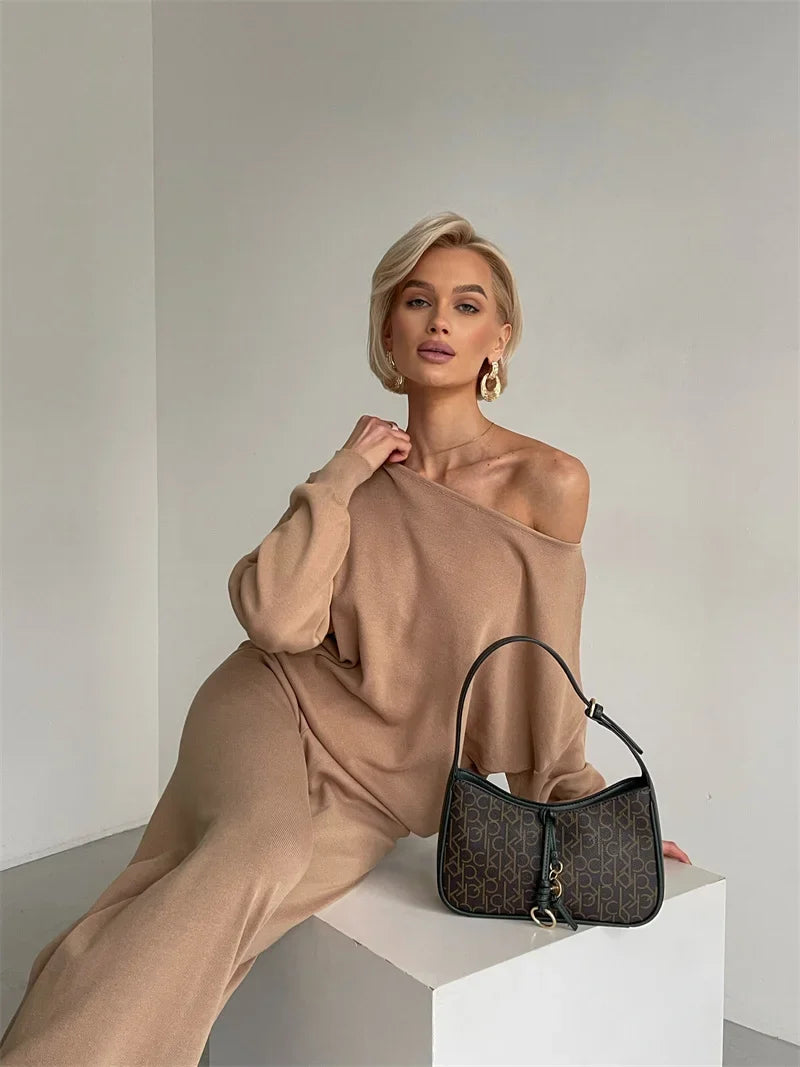 Women's Off Shoulder Knit Sweater and Pants Set with Wide Neck