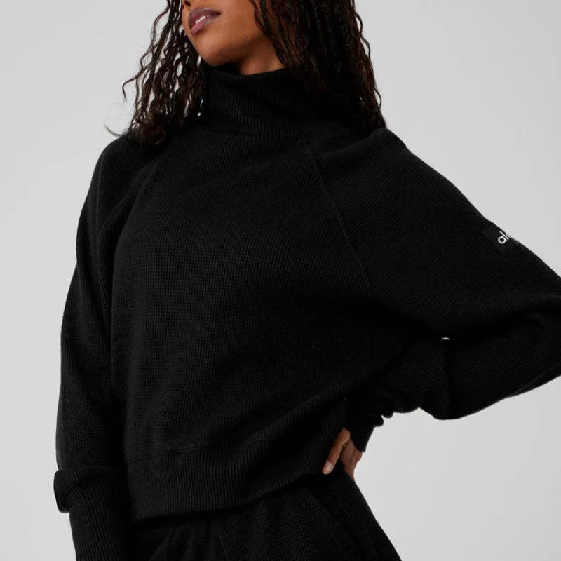 Women's Waffle Knit Sweatshirt and Jogger Pants Set with Funnel Neck