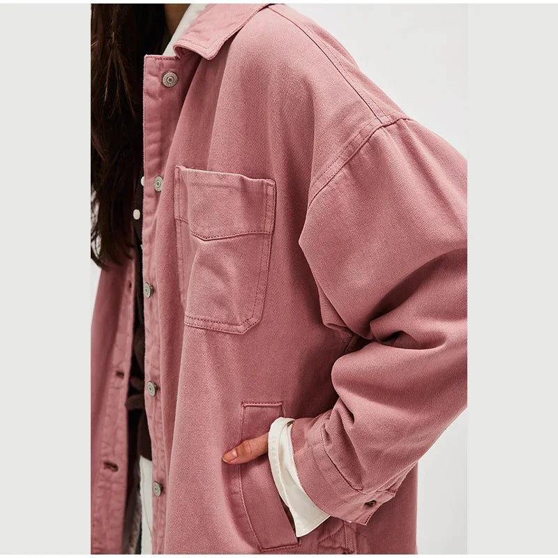 Women's Oversized Denim Shirt Jacket with Button Front and Pockets