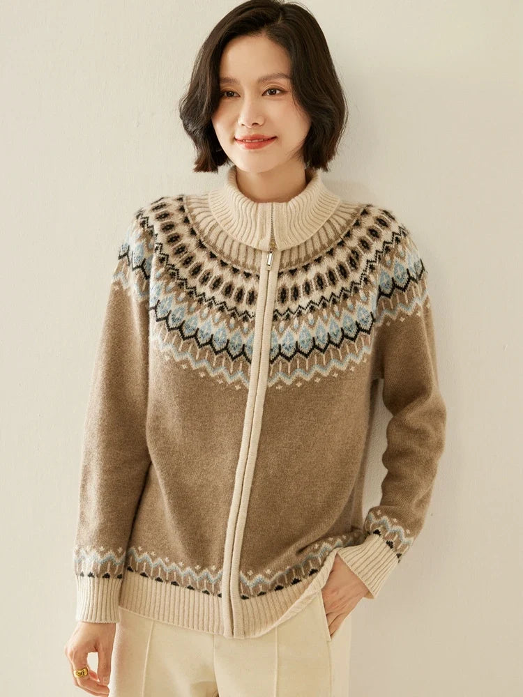 Women's Cashmere Zip Up Cardigan with Fair Isle Pattern and Ribbed Trim