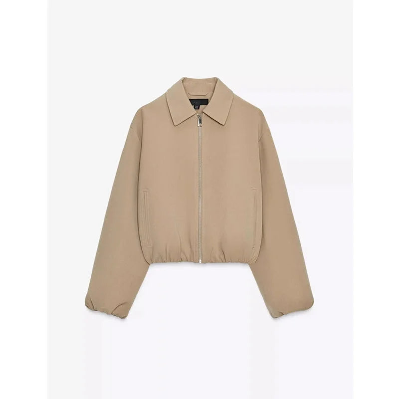 Women's Cropped Lightweight Puffer Jacket with Full Zip and Collar