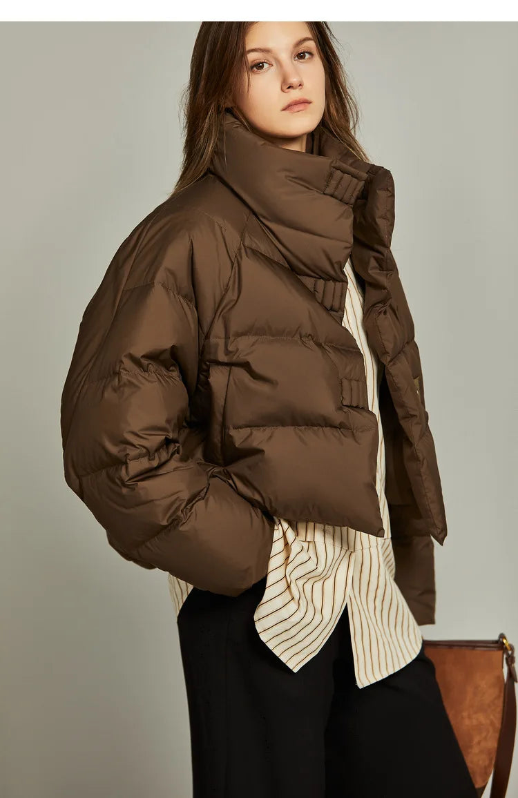 Women's Cropped Quilted Puffer Jacket with High Collar and Snap Buttons