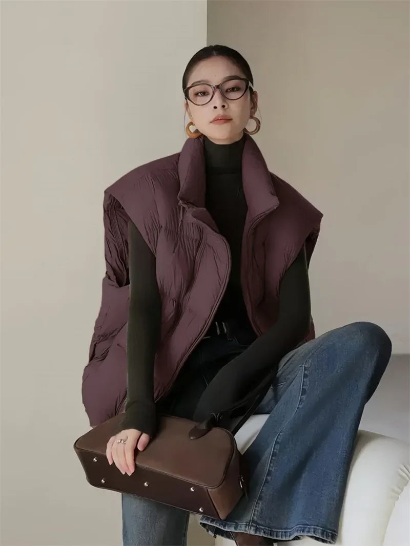 Women's Longline Quilted Puffer Vest with High Collar
