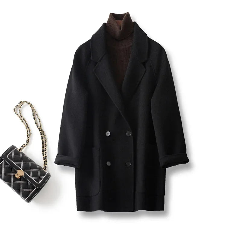 Women's Double Breasted Wool Blend Coat with Notch Lapel