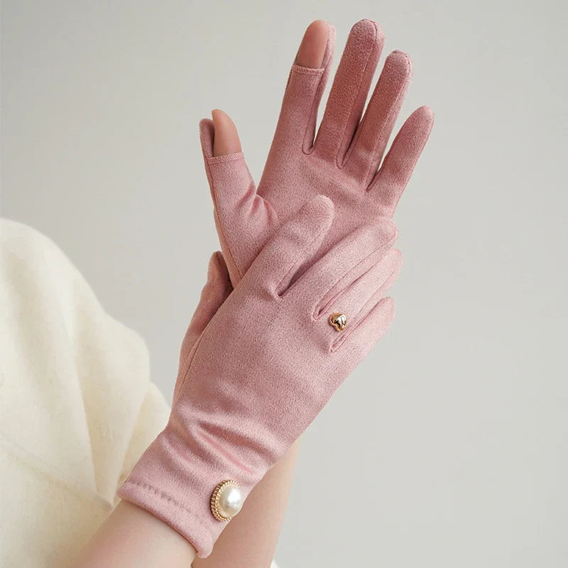 Women's Suede Touchscreen Gloves with Pearl Embellishment
