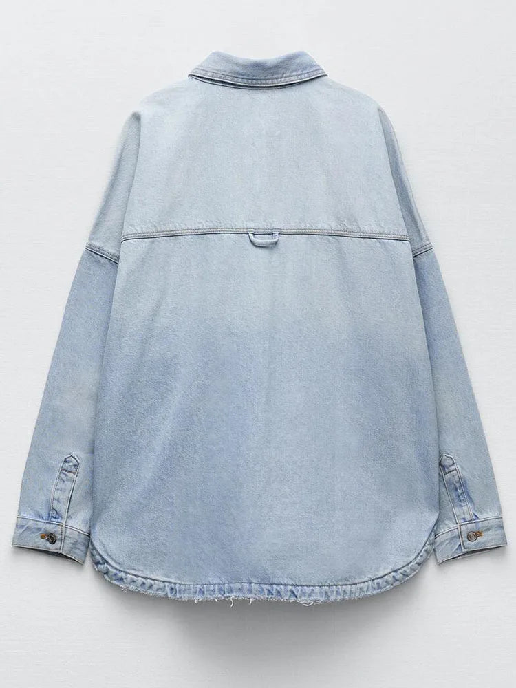 Women's Oversized Denim Shirt with Button Front and Chest Pockets