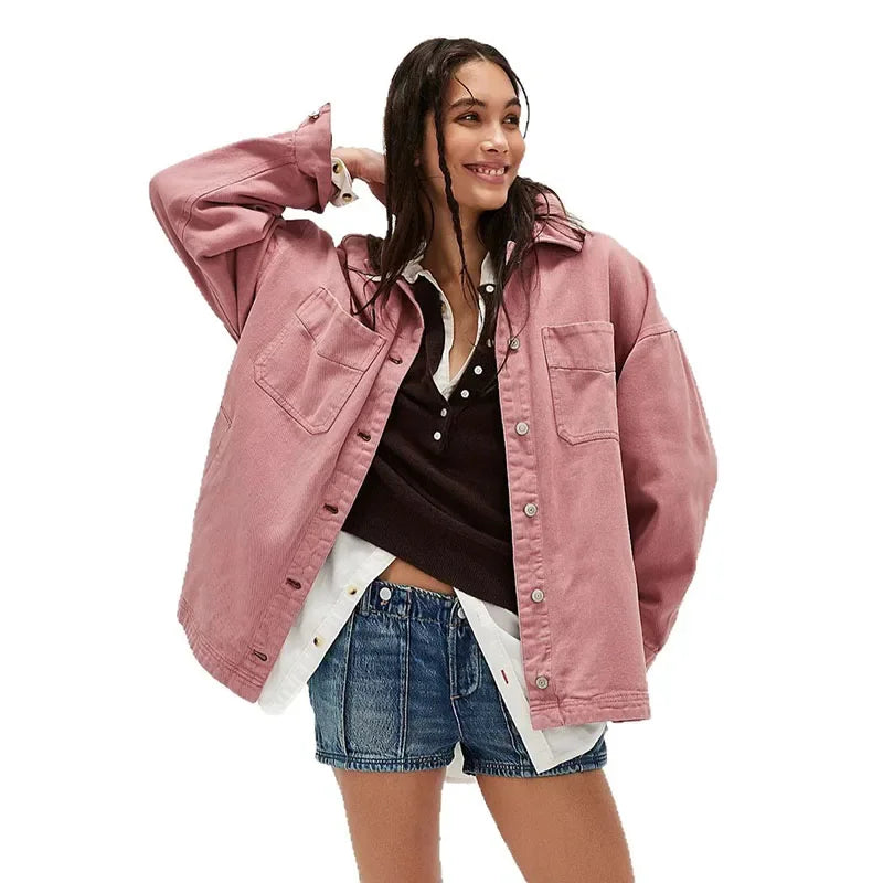 Women's Oversized Denim Shirt Jacket with Button Front and Pockets