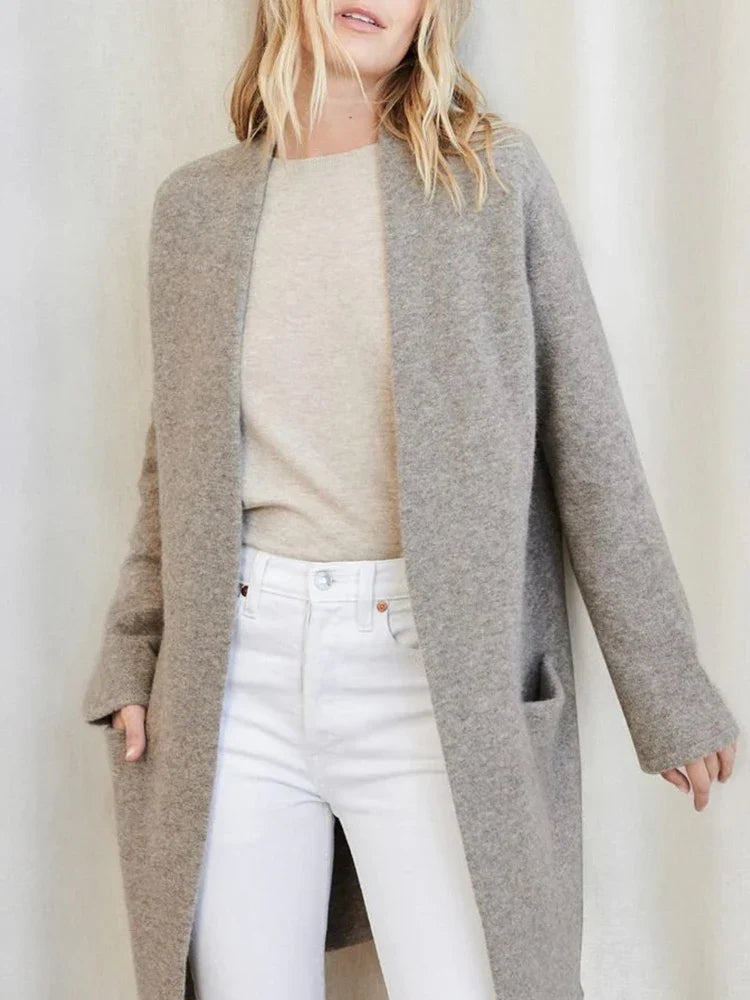 Women's Open Front Knit Cardigan with Pockets and Long Sleeves