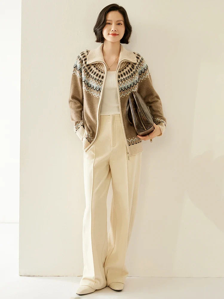 Women's Cashmere Zip Up Cardigan with Fair Isle Pattern and Ribbed Trim