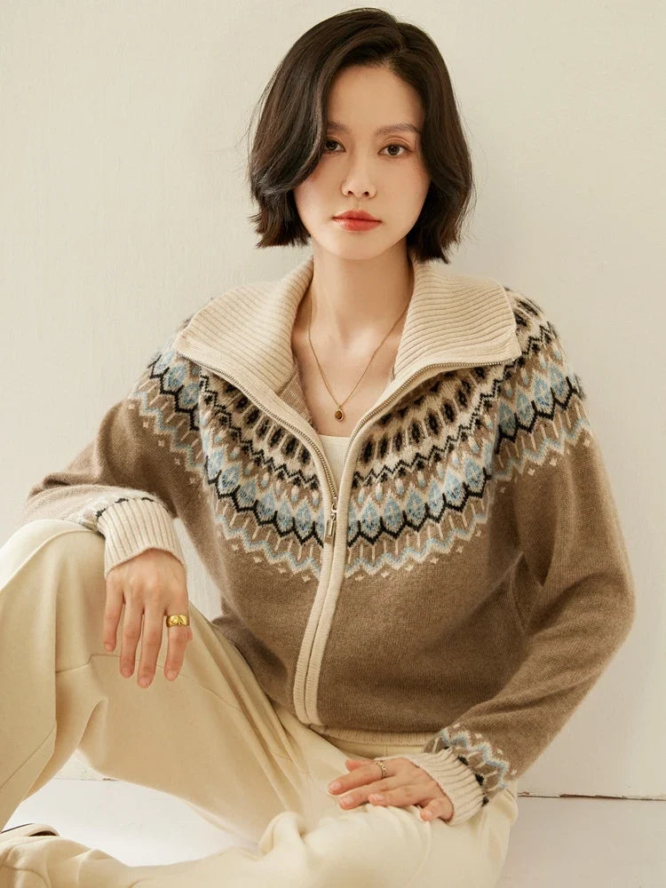 Women's Cashmere Zip Up Cardigan with Fair Isle Pattern and Ribbed Trim
