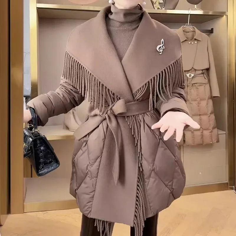 Women's Quilted Down Coat with Fringe Detail and Belted Waist