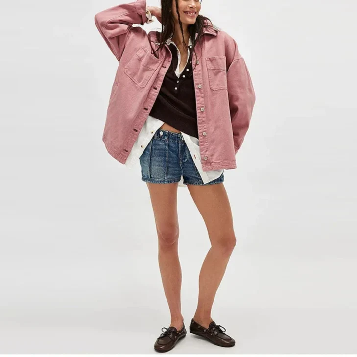 Women's Oversized Denim Shirt Jacket with Button Front and Pockets