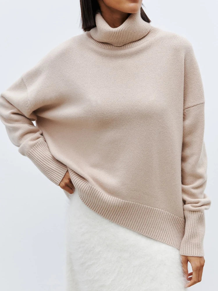 Women's Turtleneck Sweater with Long Sleeves and Drop Shoulders