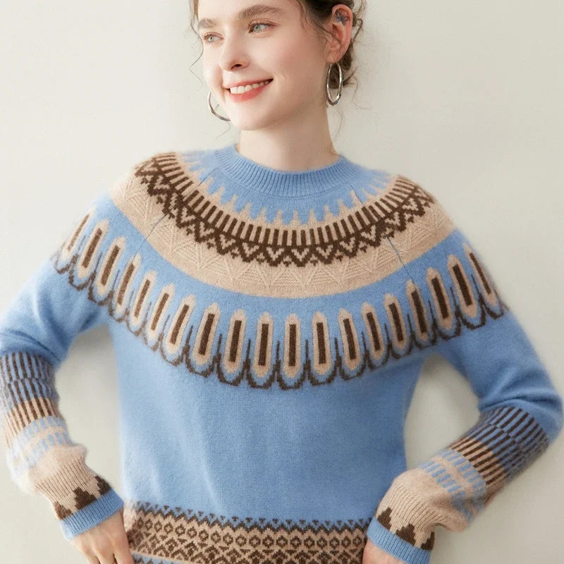 Women's Cashmere Fair Isle Sweater with Crew Neck and Long Sleeves