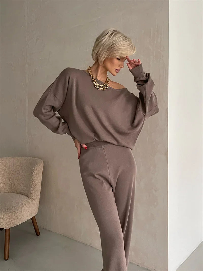 Women's Off Shoulder Knit Sweater and Pants Set with Wide Neck