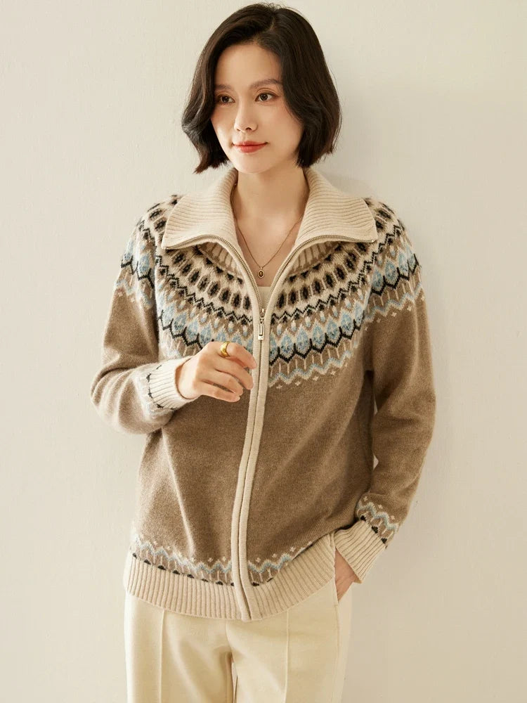 Women's Cashmere Zip Up Cardigan with Fair Isle Pattern and Ribbed Trim