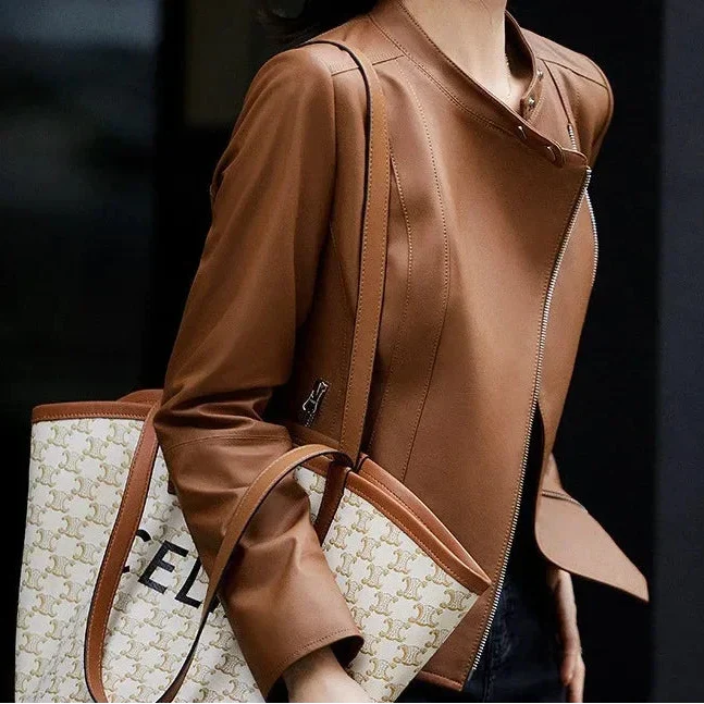 Women's Slim Fit Leather Jacket with Asymmetric Zip and Snap Collar